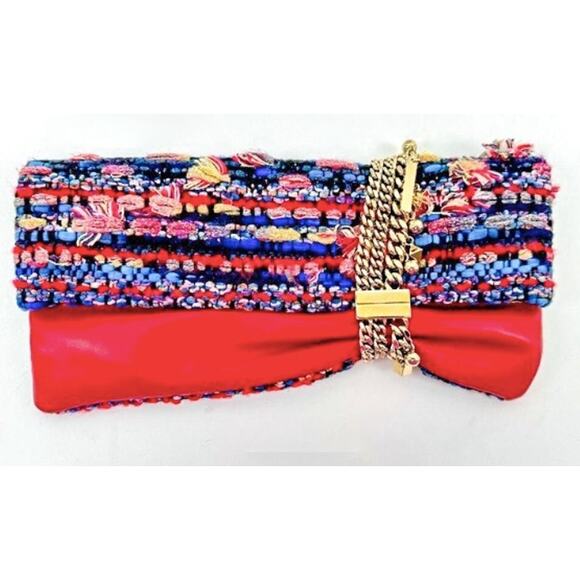 Jimmy Choo Rare Boucle Red Chandra Tweed & Leather Clutch - Picture 1 of 10
